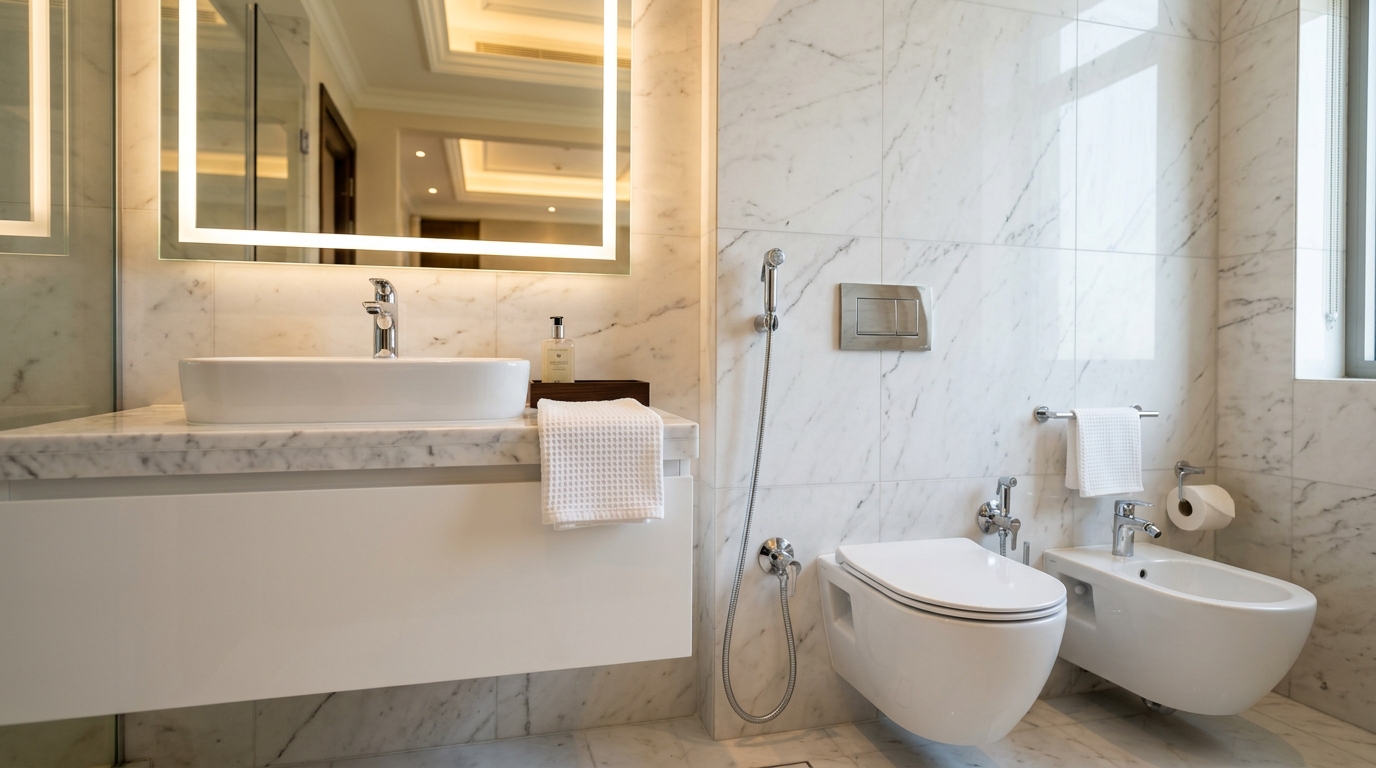 Modern vanity basin, ceramic bidet, and hygienic shattaf installation in Dubai