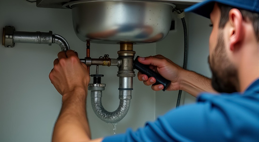 Plumber repairing leaking kitchen sink P-trap and drainage pipes in Dubai